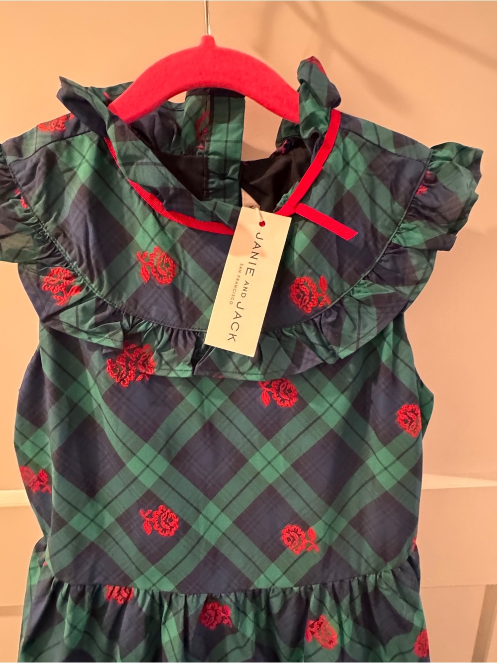 Janie and Jack Navy and Green Plaid Dress with Red Floral Embroidery